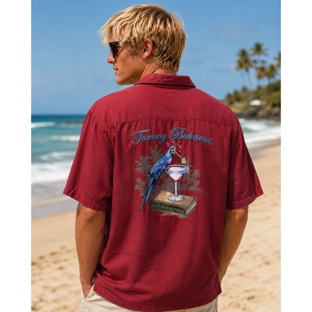 Tommy Bahama Tequila Mocking Parrot Silk/Cotton Camp Shirt Men's 3XL Burgundy